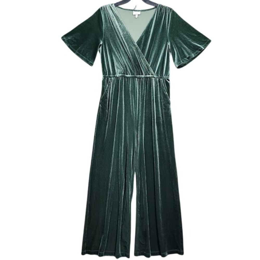 The Get Velvet Wrap‎ Jumpsuit Green Short Sleeve Wide Leg Elastic Waist Small